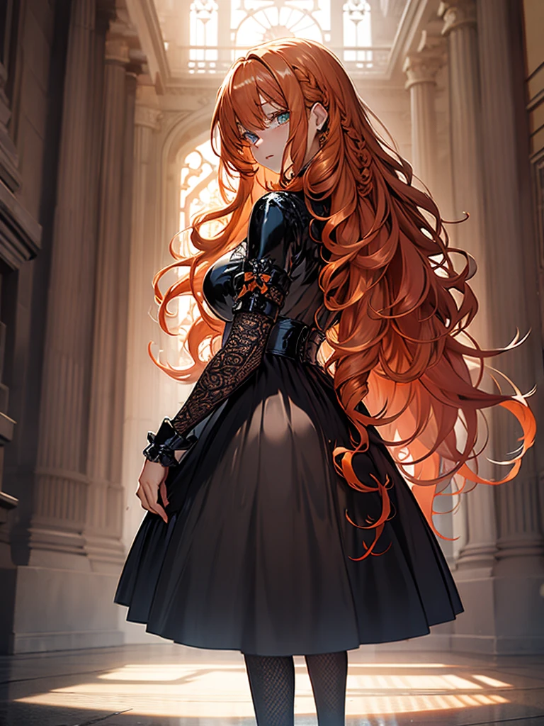 (best quality), (masterpiece), (ultra quality), (details), (Full HD 8K), (detailed eyes), 1girl, anime, beautiful skin, ((orange hair)), ((long orange hair)), ((long curly orange hair)), ((intricate curly hair)), ((ornate curly hair)), ((orange eyelashes)), ((turquoise eyes)), ((full body)), lips, ((back view)), ((full body view)), add_detail:1, add_detail:0, add_detail:0.5, colored eyelashes, ((short black latex dress))