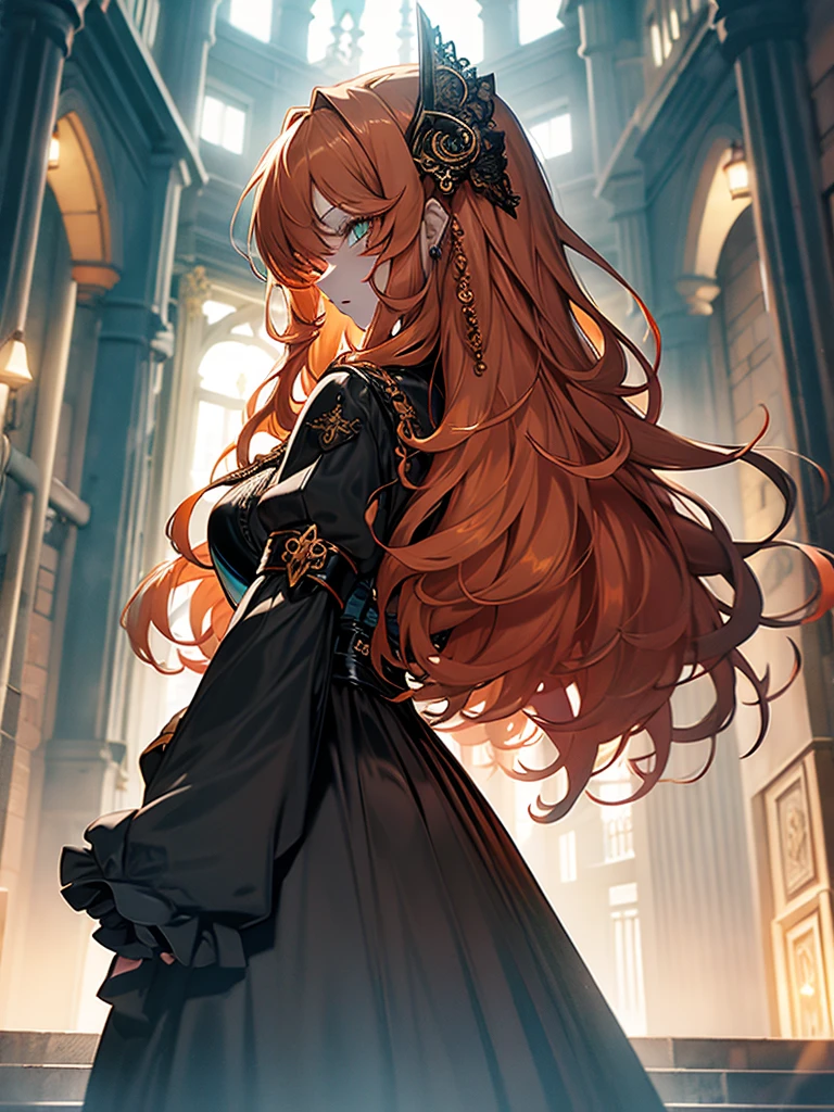 (best quality), (masterpiece), (ultra quality), (details), (Full HD 8K), (detailed eyes), 1girl, anime, beautiful skin, ((orange hair)), ((long orange hair)), ((long curly orange hair)), ((intricate curly hair)), ((ornate curly hair)), ((orange eyelashes)), ((turquoise eyes)), ((full body)), lips, ((back view)), ((full body view)), add_detail:1, add_detail:0, add_detail:0.5, colored eyelashes, ((short black latex dress))