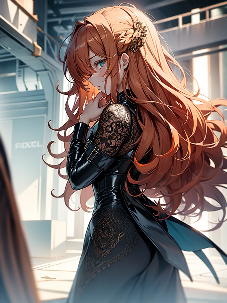 (best quality), (masterpiece), (ultra quality), (details), (Full HD 8K), (detailed eyes), 1girl, anime, beautiful skin, ((orange hair)), ((long orange hair)), ((long curly orange hair)), ((intricate curly hair)), ((ornate curly hair)), ((orange eyelashes)), ((turquoise eyes)), ((full body)), lips, ((back view)), ((full body view)), add_detail:1, add_detail:0, add_detail:0.5, colored eyelashes, ((short black latex dress))