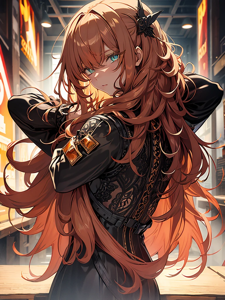 (best quality), (masterpiece), (ultra quality), (details), (Full HD 8K), (detailed eyes), 1girl, anime, beautiful skin, ((orange hair)), ((long orange hair)), ((long curly orange hair)), ((intricate curly hair)), ((ornate curly hair)), ((orange eyelashes)), ((turquoise eyes)), ((full body)), lips, ((back view)), ((full body view)), add_detail:1, add_detail:0, add_detail:0.5, colored eyelashes, ((short black latex dress))