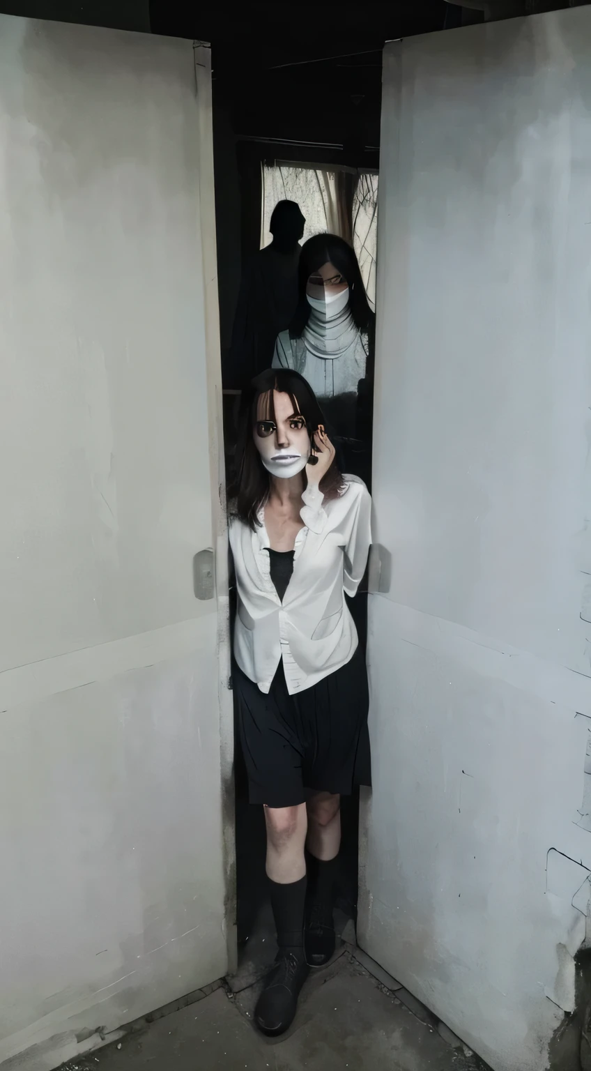 (Best quality, 8k, 32k, Masterpiece, UHD:1.2) "Transform the setting into a horror movie scene where a ghost stands creepily in the background and shadows. The ghost is barely visible, shrouded in darkness, with only faint outlines and pale features illuminated by dim, eerie light. Its eyes are hollow and lifeless, staring intently, sending chills down the spine. The ghost's presence is unnerving, evoking a sense of dread and unease, as if it's silently watching and waiting."