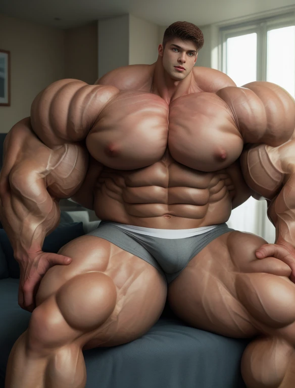 1boy, giant, giant bodybuilder, stand, warm light, strong body, bulk, large size, staring, sitting on couch in the plush dorm room, open legs, nude, white triangular underwear, prominent bulge, extraordinary big, brutalmass, giant, muscular body, bulk, buff, massive body, large meaty body size, extremely wide body