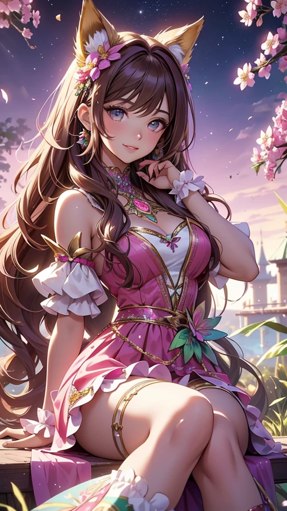 (best quality,4k,8k,highres,masterpiece:1.2),ultra-detailed,(realistic,photorealistic,photo-realistic:1.37),acrylic painting,beautiful Brazilian model in a Lolita dress with downy hair,beautiful Brazilian model with extremely colorful brown hair and detailed facial features,beautiful Brazilian model standing in a beautiful garden surrounded by a starry sky,brown hair,beautiful Brazilian model wearing a vibrant pink, teal and gold Lolita dress,beautiful Brazilian model with intricate accessories,cat ears,beautiful Brazilian model posing gracefully with her hands on her hips,beautiful Brazilian model with long flowing twintails,beautiful Brazilian model with bright brown eyes and rosy lips,beautiful Brazilian model with a joyful expression,beautiful Brazilian model in a dynamic pose with cherry blossoms falling around her,beautiful Brazilian model surrounded by colorful flowers and butterflies,beautiful Brazilian model's dress adorned with cute bows and lace details,beautiful Brazilian model with an enchanting smile,beautiful Brazilian model with soft, pastel-colored shading,beautiful Brazilian model with a magical glow illuminating her,beautiful Brazilian model in a picturesque setting with a winding path leading to a magnificent castle,beautiful Brazilian model with a fairytale-like background,beautiful Brazilian model with a soft, dreamy atmosphere,beautiful Brazilian model with a subtle bokeh effect,beautiful Brazilian model standing under a sunny sky,beautiful Brazilian model with a warm, golden sunset in the background,beautiful Brazilian model surrounded by twinkling stars and colorful nebulae,creating an ethereal and captivating artistic masterpiece, sitting down.