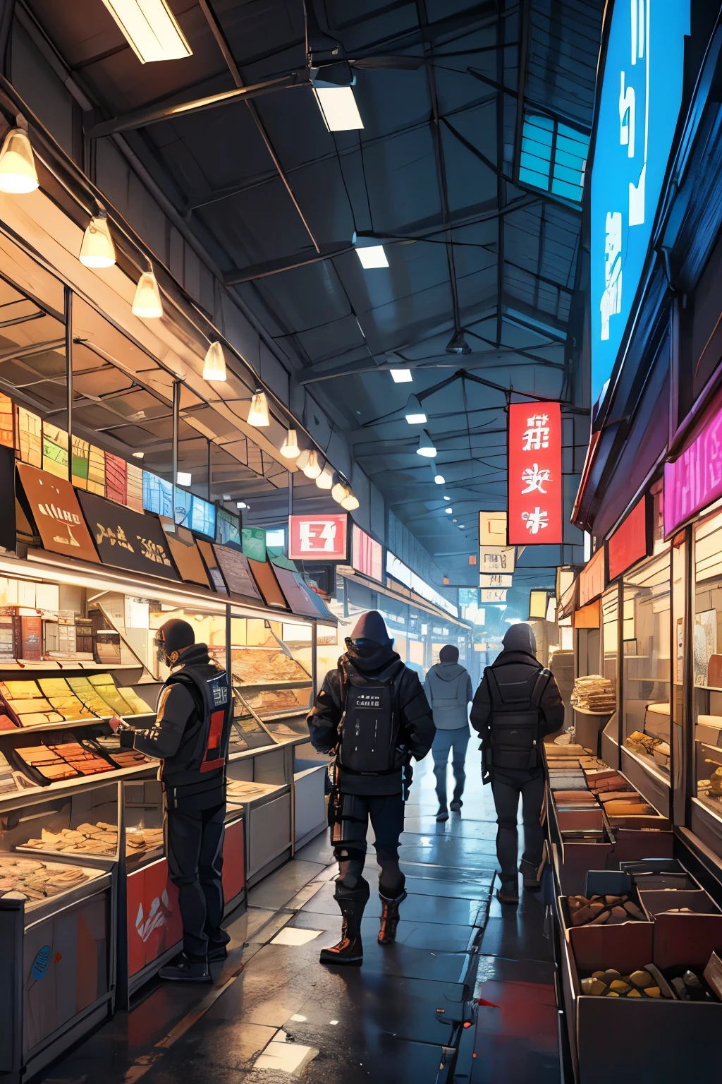 Cyberpunk style crystal and metal raw material trading market 