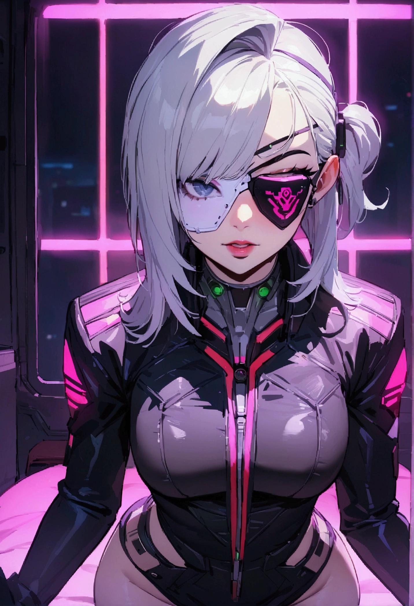 masterpiece,Highest quality,Super quality,cyber punk,cool,A silver-haired woman wearing an eyepatch,After completing a mission,Invites me to sex