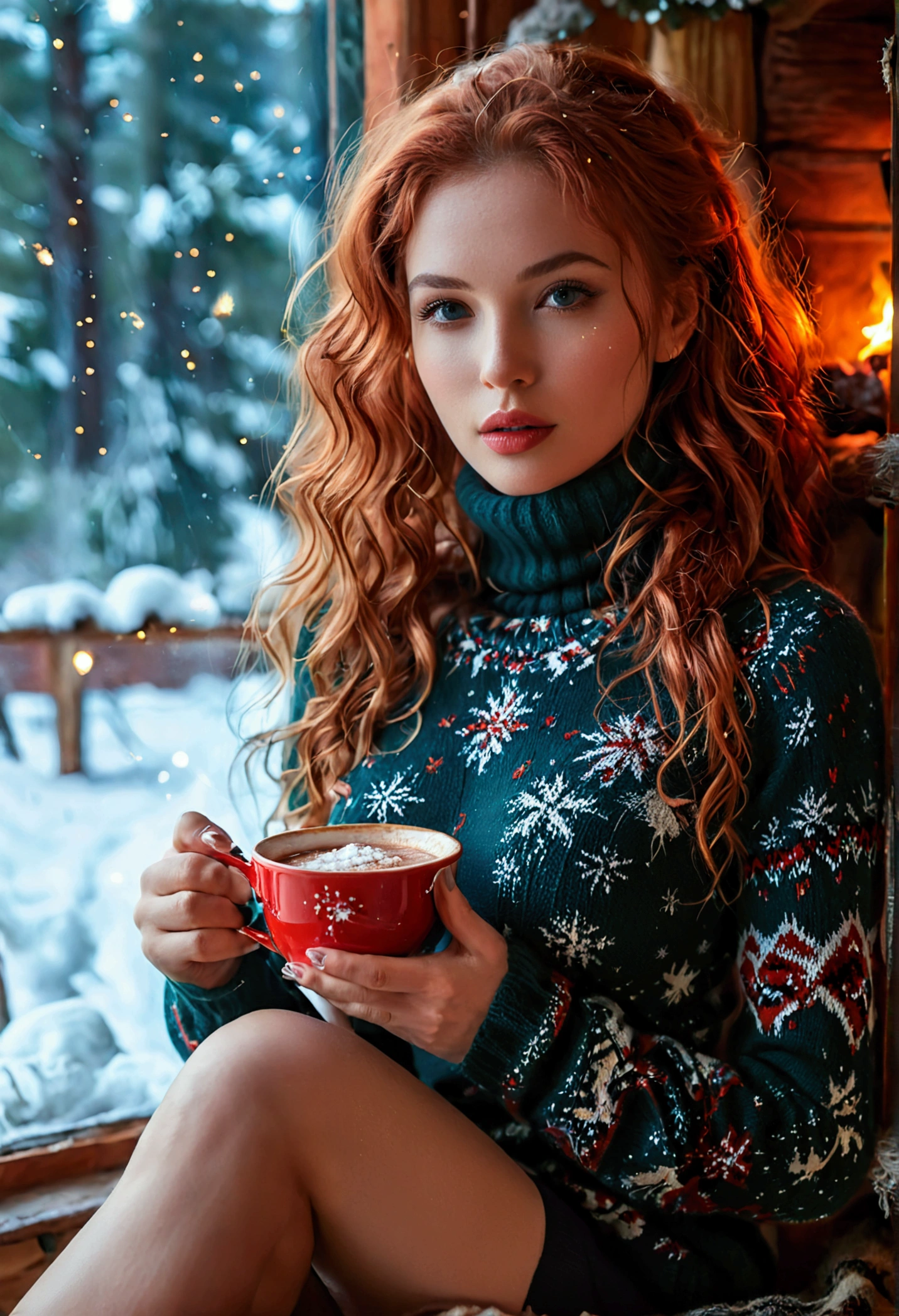 An ultra hot beautiful european woman, age 23, red wavy hair. she's a playmate with natural medium breasts, men magazine model, enjoying a cozy evening at the fireplace in a wooden cabin. She wears a turtleneck winter color wool sweater with cleavage and tight shorts. Trough the window, winter starry night. Northern lights, Perfect anatomy, perfect hair, perfect breast, perfect body, perfect hands, perfect face, UHD, retina, masterpiece, accurate, anatomically correct, textured skin, holding a cup of steaming hot chocolate in her hands