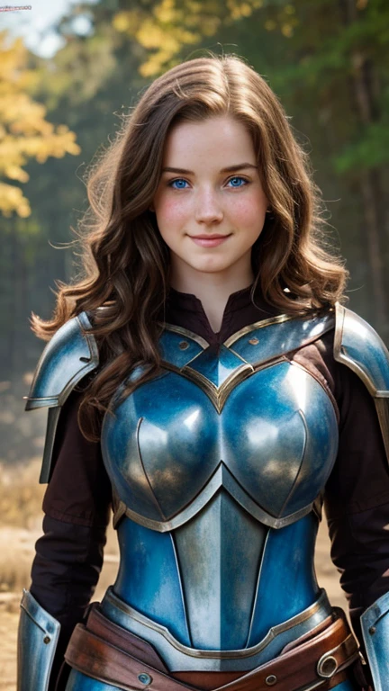 ((high resolution)), ((pale skin)), freckled, brunette (()) girl, with blue eyes, blushing cheeks, wavy hair, smiling, small breasts, naked, as a fantasy warrior, sexy armor