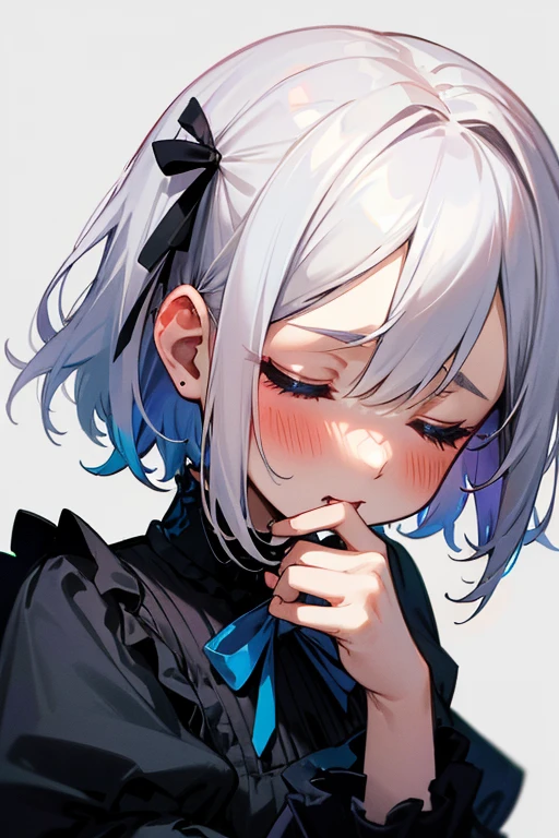 Short white hair, blush, Gothic Lolita、Punk Fashion、Headbang 2.、Blue and black clothes、Clean your eyes、hairpin、((Kissing face with closed eyes)).(solo)),