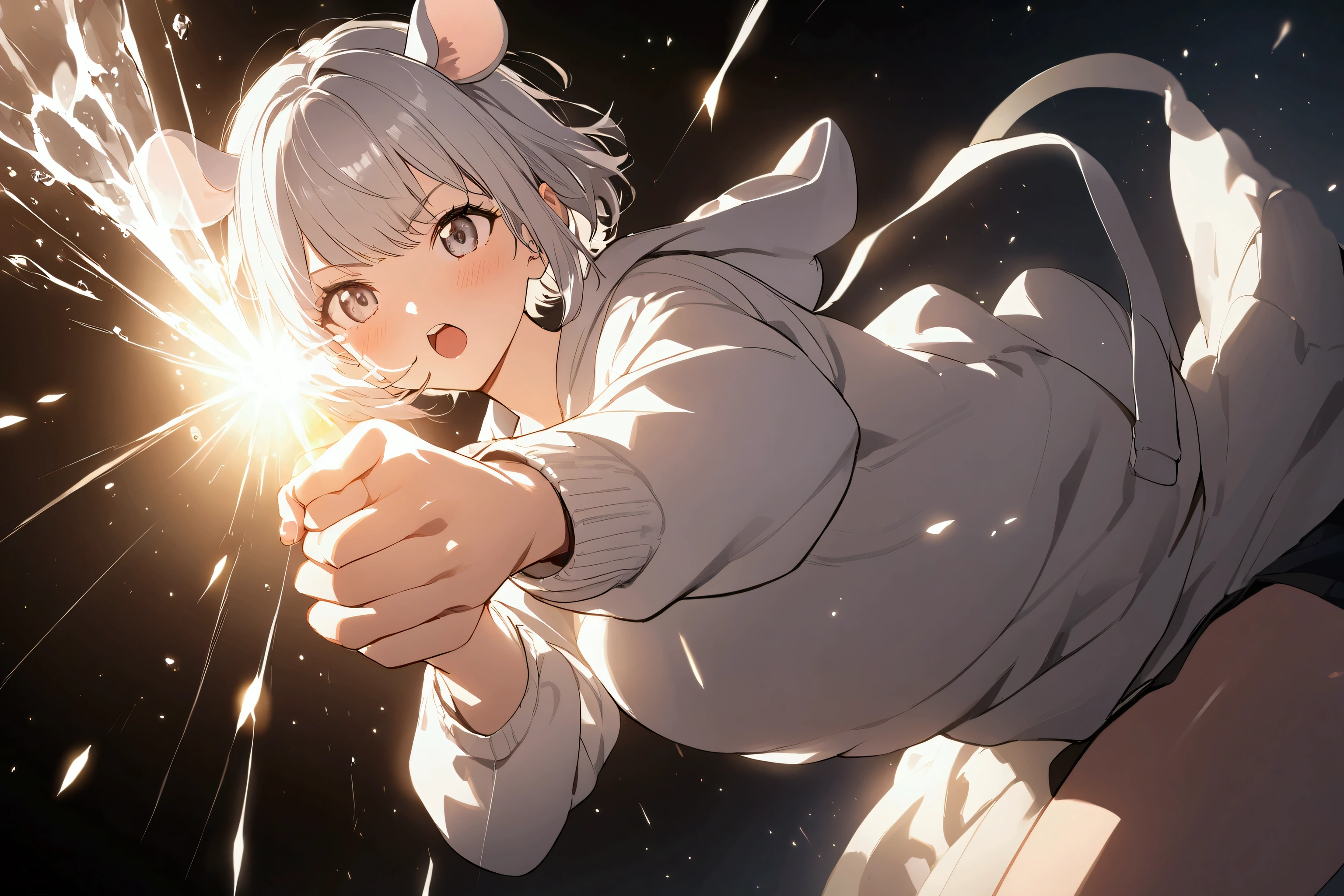 {{{masterpiece}}}, {{best quality,illustration, official art}},{{cinematic lighting,backlighting,frontlighting,shiny,lens flare,bloom efect, clothes reflecting light,light particles}},1girl,silver hair,short hair, upper teeth, ,hoodie,white sweater,white mouse ears,crystal,punch,dynamic angle, dynamic pose, hand focus, punch focus,battle, brother and sister,