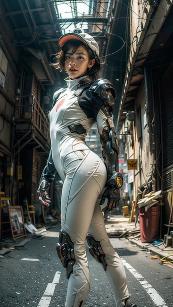 ((best quality)), ((masterpiece)), ((realistic)), (detailed), (photo-realistic:1.5), futuristic girl, (thick body), (white bodysuit), lights on armor, cybernetic headwear, looking at viewer, dynamic pose, post-apocalyptic, destroyed city background, buildings on fire, sci-fi, high resolution, ray tracing, super resolution, subsurface scattering, PBR texturing, anisotropic filtering, depth of field, best sharpness and clarity, rule of thirds, 8K RAW, (luminous particles:1.4), (extremely detailed cg, unity 8k wallpaper, 3d, cinematic lighting, lens flare), reflection, sharp focus, cyberpunk art, cyberpunk architecture, moisturized skin, realistic body, (16 years old), (girl), (cute face), vivid colors, exciting atmosphere, unique, playful interaction, lively crowd, wind blowing, fantastic, dynamic, (fisheye lens), neon, cyberpunk movie, cyberpunk city, fight, war,