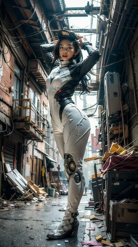 ((best quality)), ((masterpiece)), ((realistic)), (detailed), (photo-realistic:1.5), futuristic girl, (thick body), (white bodysuit), lights on armor, cybernetic headwear, looking at viewer, dynamic pose, post-apocalyptic, destroyed city background, buildings on fire, sci-fi, high resolution, ray tracing, super resolution, subsurface scattering, PBR texturing, anisotropic filtering, depth of field, best sharpness and clarity, rule of thirds, 8K RAW, (luminous particles:1.4), (extremely detailed cg, unity 8k wallpaper, 3d, cinematic lighting, lens flare), reflection, sharp focus, cyberpunk art, cyberpunk architecture, moisturized skin, realistic body, (16 years old), (girl), (cute face), vivid colors, exciting atmosphere, unique, playful interaction, lively crowd, wind blowing, fantastic, dynamic, (fisheye lens), neon, cyberpunk movie, cyberpunk city, fight, war,
