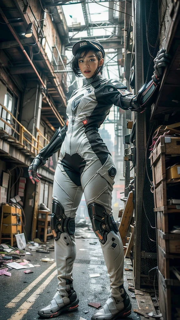 ((best quality)), ((masterpiece)), ((realistic)), (detailed), (photo-realistic:1.5), futuristic girl, (thick body), (white bodysuit), lights on armor, cybernetic headwear, looking at viewer, dynamic pose, post-apocalyptic, destroyed city background, buildings on fire, sci-fi, high resolution, ray tracing, super resolution, subsurface scattering, PBR texturing, anisotropic filtering, depth of field, best sharpness and clarity, rule of thirds, 8K RAW, (luminous particles:1.4), (extremely detailed cg, unity 8k wallpaper, 3d, cinematic lighting, lens flare), reflection, sharp focus, cyberpunk art, cyberpunk architecture, moisturized skin, realistic body, (16 years old), (girl), (cute face), vivid colors, exciting atmosphere, unique, playful interaction, lively crowd, wind blowing, fantastic, dynamic, (fisheye lens), neon, cyberpunk movie, cyberpunk city, fight, war,