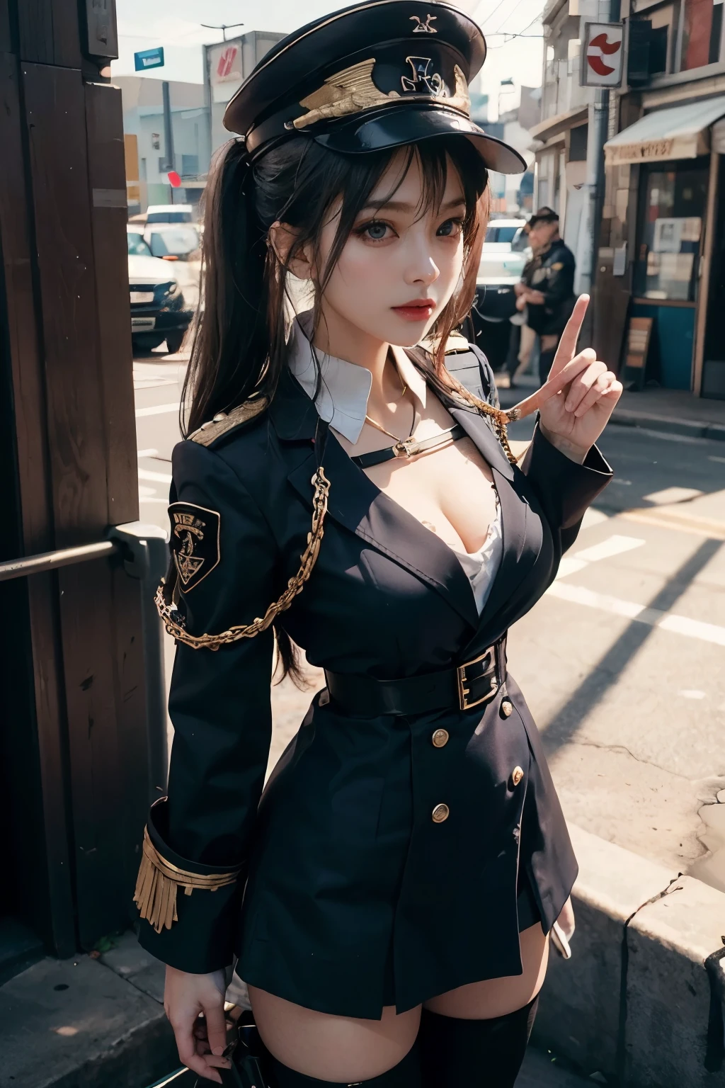 ((best quality)), ((Masterpiece)), (details:1.4), 3d, Image of a beautiful cyberpunk woman., HDR (high dynamic range), mature woman, เหมือนจริง, High ponytails, Black hair, Blue eyes, future police, PBR surface, After processing, Anisotropic filtration,depth of field, Maximum clarity and clarity, multi-layered surface, perfect proportions, 8K raw files, cyberpunk, at night, ผมหลายชั้น, กระโปรงสั้น, natural lighting, soft lighting, sunlight, หน้าอกใหญ่, a woman wearing a black gothic style military uniform, black military hat with gold details, iron cross symbol on the military hat,