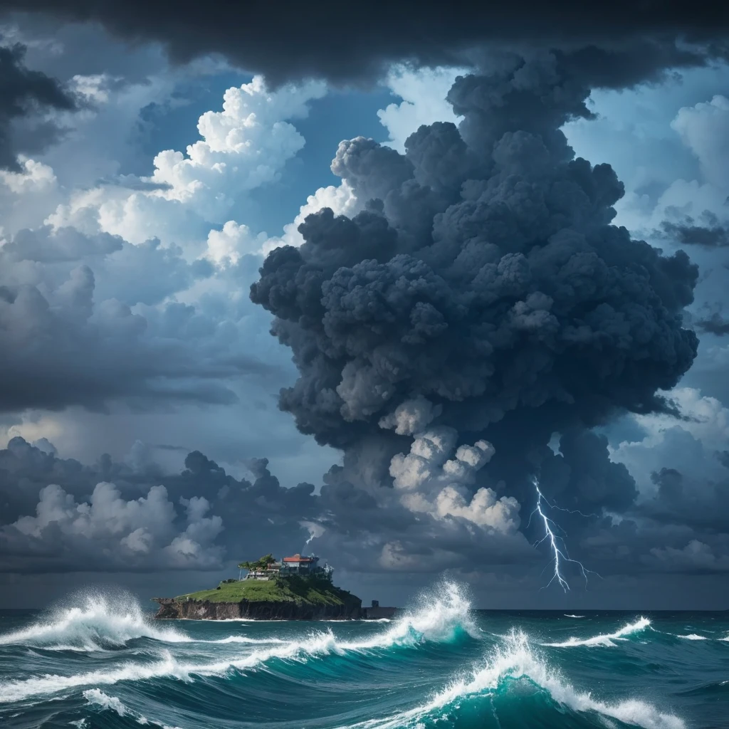 Rough seas、Black clouds with lightning、Flock of birds、Big isolated island