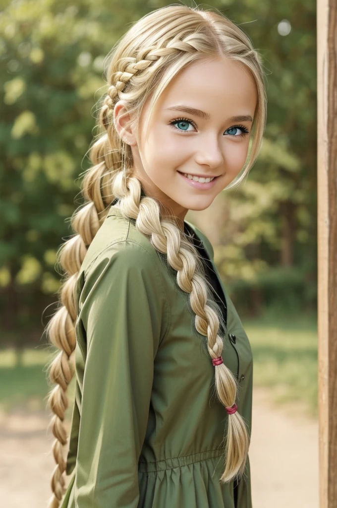 Anime girl with platium blonde hair qnd green eyes with braid looking excited