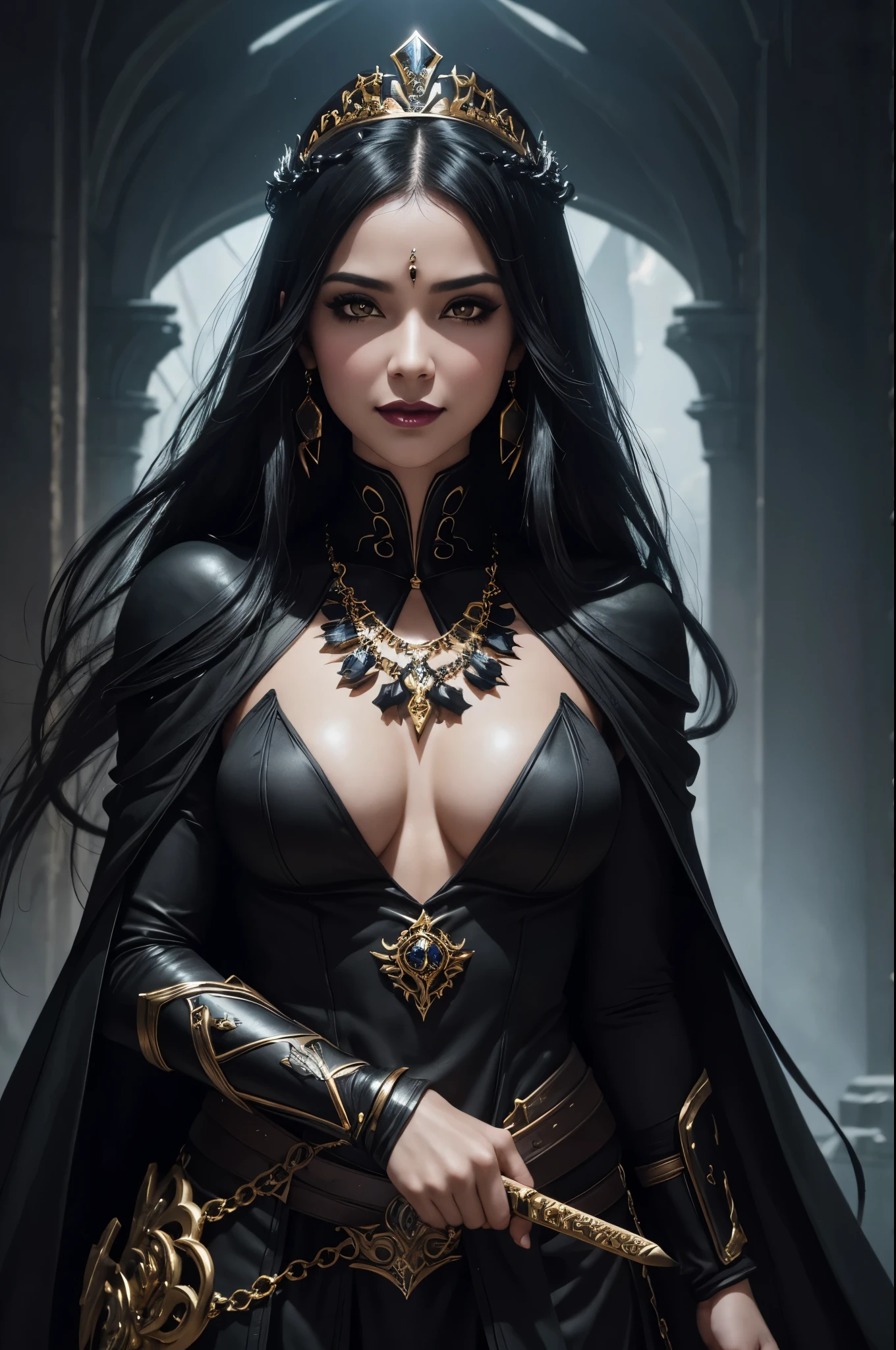 8k,とてもSmall breasts,Long black hair,Close-up of a woman in a black evil god costume holding a one-handed sword, Beautiful fantasy empress, ((Beautiful fantasy empress)), Small breasts , Very detailed, Very detailed , Up to the model | Types of bacteria, Trending on cgstation, Pan Zhenwei Art Station, Gorgeous black cloak,Ultra-high resolution,Ultra-Realistic Skin,Beautiful expression,Fantasy art,Laughter(Like the real thing),Small breasts ,Straight hair,Golden Eyes,black gemstone earrings,black gemstone necklace,Luxurious black gauntlets,Black lipstick,Black eyeshadow,Evil God Makeup,Dynamic fighting pose,Rich colors, Backlight, Cinema Lighting, Film Grain, to be born, 50mm lens, Nikon D850,Compensate,View your audience,Toned, muscular lower body,Muscular Beauty,compensate,Big smile,