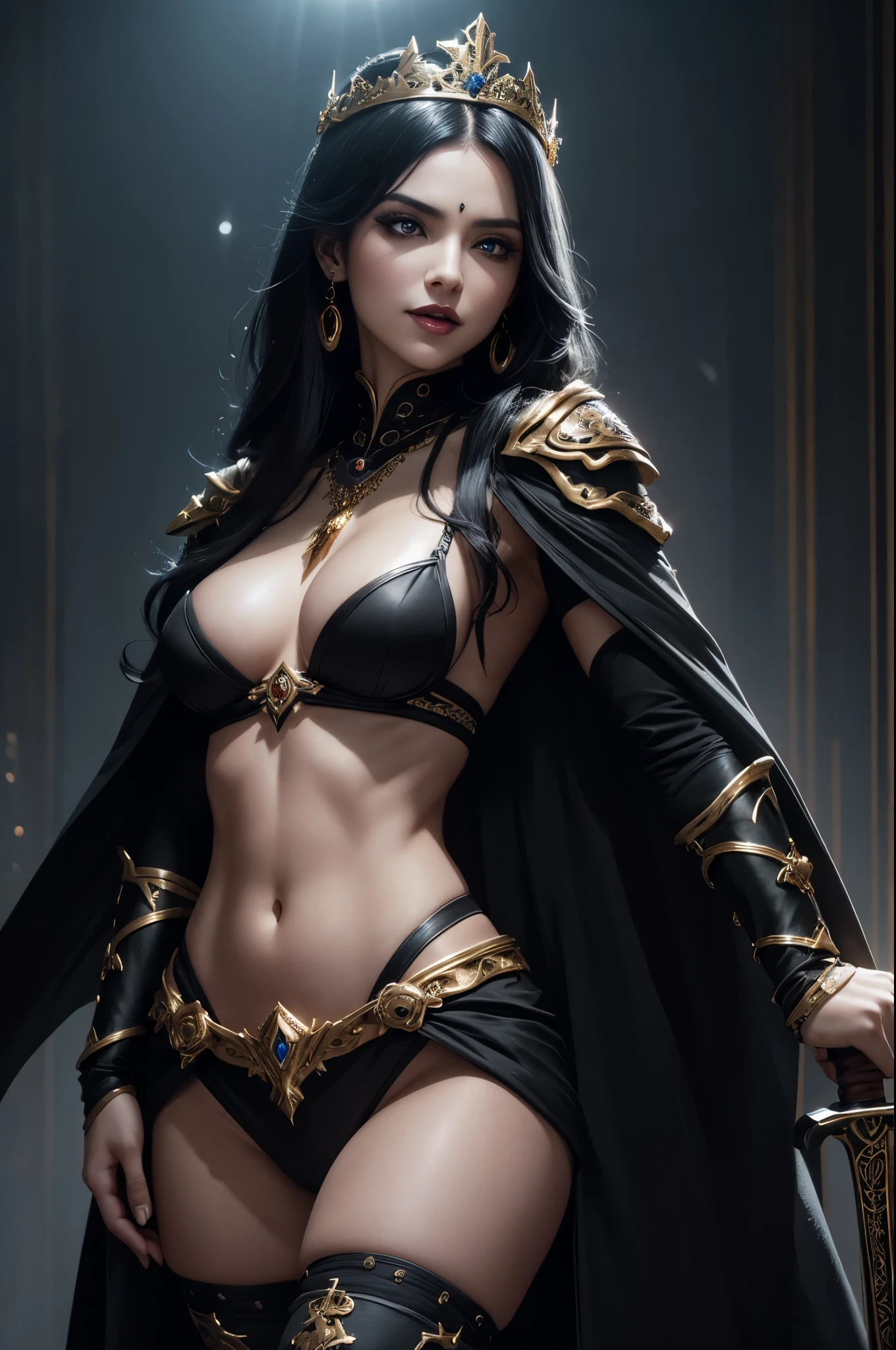 8k,とてもSmall breasts,Long black hair,Close-up of a woman in a black evil god costume holding a one-handed sword, Beautiful fantasy empress, ((Beautiful fantasy empress)), Small breasts , Very detailed, Very detailed , Up to the model | Types of bacteria, Trending on cgstation, Pan Zhenwei Art Station, Gorgeous black cloak,Ultra-high resolution,Ultra-Realistic Skin,Beautiful expression,Fantasy art,Laughter(Like the real thing),Small breasts ,Straight hair,Golden Eyes,black gemstone earrings,black gemstone necklace,Luxurious black gauntlets,Black lipstick,Black eyeshadow,Evil God Makeup,Dynamic fighting pose,Rich colors, Backlight, Cinema Lighting, Film Grain, to be born, 50mm lens, Nikon D850,Compensate,View your audience,Toned, muscular lower body,Muscular Beauty,compensate,Big smile,