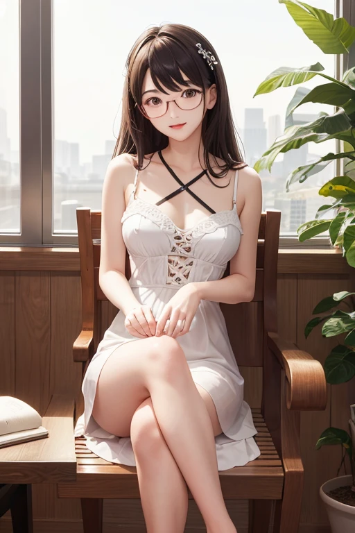 Highest quality、masterpiece、High sensitivity、High resolution、Detailed Description、Slender women、Glasses、Summer clothes、Sit down、Cross your legs、