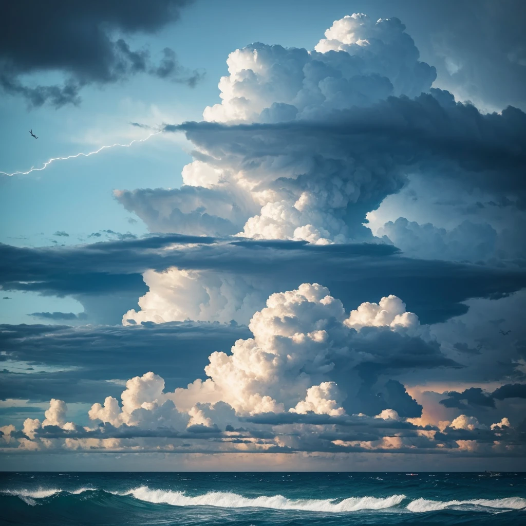 The Sea、Black clouds with lightning、Flock of birds、Big isolated island
