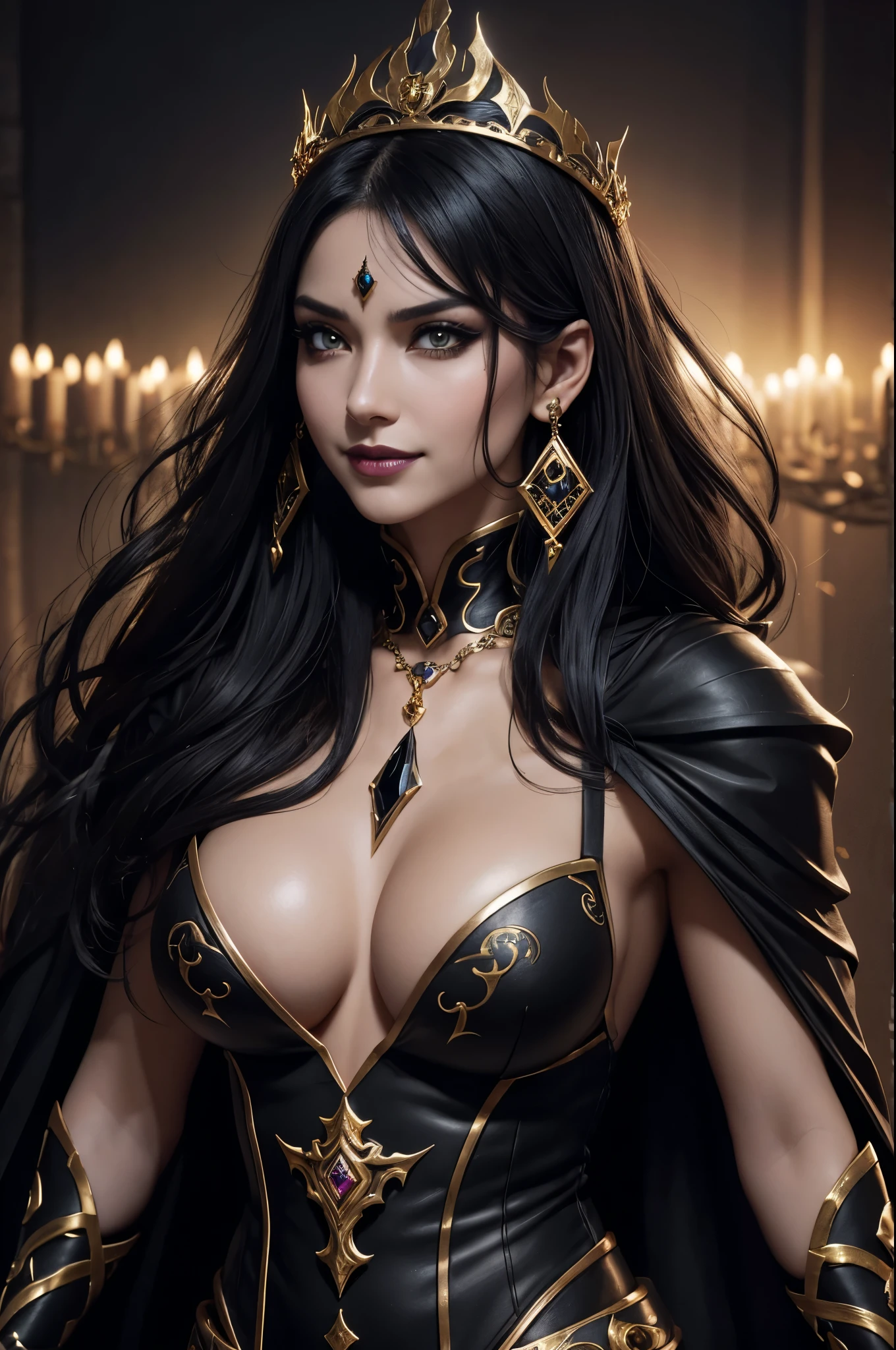8k,とてもSmall breasts,Long black hair,Close-up of a woman in a black evil god costume holding a one-handed sword, Beautiful fantasy empress, ((Beautiful fantasy empress)), Small breasts , Very detailed, Very detailed , Up to the model | Types of bacteria, Trending on cgstation, Pan Zhenwei Art Station, Gorgeous black cloak,Ultra-high resolution,Ultra-Realistic Skin,Beautiful expression,Fantasy art,Laughter(Like the real thing),Small breasts ,Straight hair,Golden Eyes,black gemstone earrings,black gemstone necklace,Luxurious black gauntlets,Black lipstick,Black eyeshadow,Evil God Makeup,Dynamic fighting pose,Rich colors, Backlight, Cinema Lighting, Film Grain, to be born, 50mm lens, Nikon D850,Compensate,View your audience,Toned, muscular lower body,Muscular Beauty,compensate,Big smile,