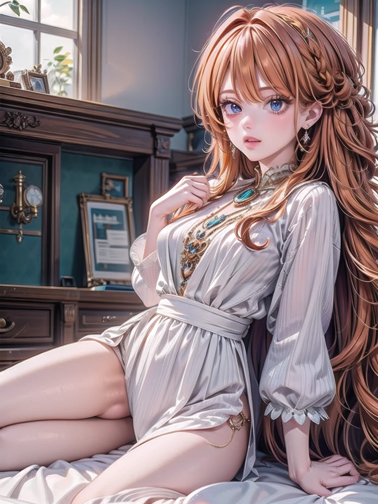 (best quality), (masterpiece), (ultra quality), (details), (Full HD 8K), (detailed eyes), 1girl, anime, beautiful skin, ((orange hair)), ((long orange hair)), ((long curly orange hair)), ((intricate curly hair)), ((ornate curly hair)), ((orange eyelashes)), ((turquoise eyes)), ((full body)), lips, ((full body view)), add_detail:1, add_detail:0, add_detail:0.5, colored eyelashes, ((Elegant white dress)