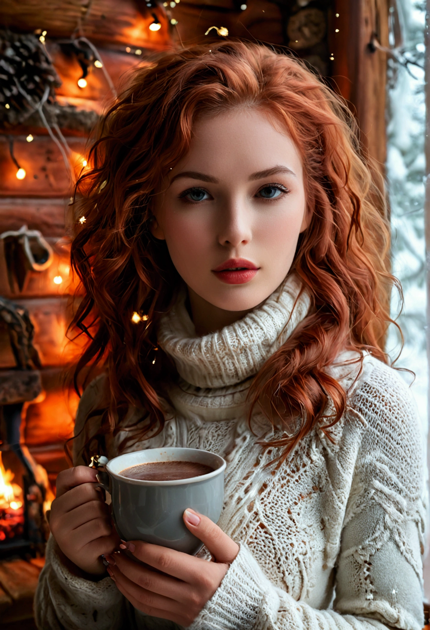 An ultra hot beautiful european woman, age 23, red wavy hair. she's a playmate with natural medium breasts, men magazine model, enjoying a cozy evening at the fireplace in a wooden cabin. She wears a turtleneck winter color wool sweater with cleavage and tight shorts. Trough the window, winter starry night. Northern lights, Perfect anatomy, perfect hair, perfect breast, perfect body, perfect hands, perfect face, UHD, retina, masterpiece, accurate, anatomically correct, textured skin, holding a cup of steaming hot chocolate in her hands