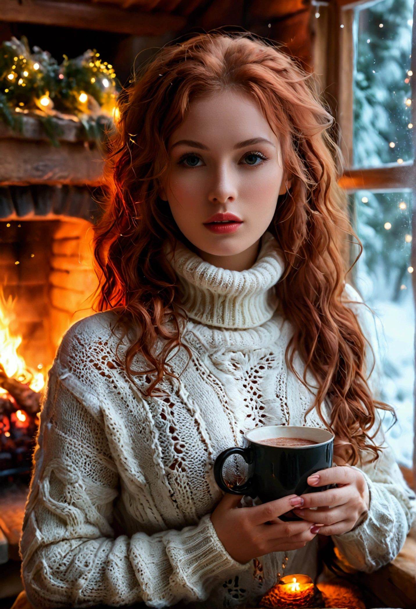 An ultra hot beautiful european woman, age 23, red wavy hair. she's a playmate with natural medium breasts, men magazine model, enjoying a cozy evening at the fireplace in a wooden cabin. She wears a turtleneck winter color wool sweater with cleavage and tight shorts. Trough the window, winter starry night. Northern lights, Perfect anatomy, perfect hair, perfect breast, perfect body, perfect hands, perfect face, UHD, retina, masterpiece, accurate, anatomically correct, textured skin, holding a cup of steaming hot chocolate in her hands