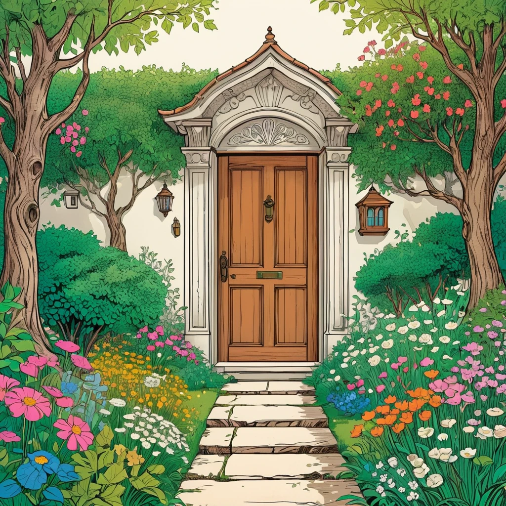 (poster composition,fine lineart, graphic novel style:1.35), ((lineart:1.2)) of a secret garden with a wooden door, ((trees)), ((flowers)), ((coloring book:1.3)), cinematic, detailed, flat colors, inked lineart, paper grain
