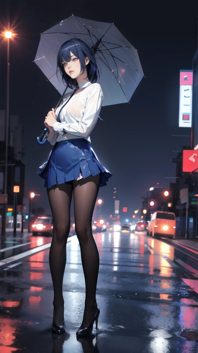 ultra-detailed, high resolution、anime、One woman, City of night,　rain,　Neon Signs、Your clothes are wet、Deep blue tight skirt、The light reflects on the road、Not holding an umbrella、Full body portrait、