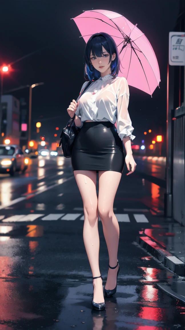 ultra-detailed, high resolution、anime、One woman, City of night, rain, Neon Signs、Your clothes are wet、Deep blue tight skirt、The light reflects on the road、Not holding an umbrella、Full body portrait、