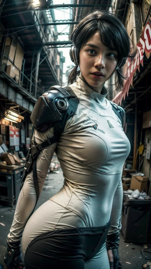 ((best quality)), ((masterpiece)), ((realistic)), (detailed), (photo-realistic:1.5), futuristic girl, (thick body), (white bodysuit), lights on armor, cybernetic headset, looking at viewer, dynamic pose, post-apocalyptic, destroyed city background, buildings on fire, sci-fi, high resolution, ray tracing, super resolution, subsurface scattering, PBR texturing, anisotropic filtering, depth of field, best sharpness and clarity, rule of thirds, 8K RAW, (luminous particles:1.4), (extremely detailed cg, unity 8k wallpaper, 3d, cinematic lighting, lens flare), reflection, sharp focus, cyberpunk art, cyberpunk architecture, moisturized skin, realistic body, (16 years old), (girl), (cute face), vivid colors, exciting atmosphere, unique, playful interaction, lively crowd, wind blowing, fantastic, dynamic, (fisheye lens), neon, cyberpunk movie, cyberpunk city, fight, war,