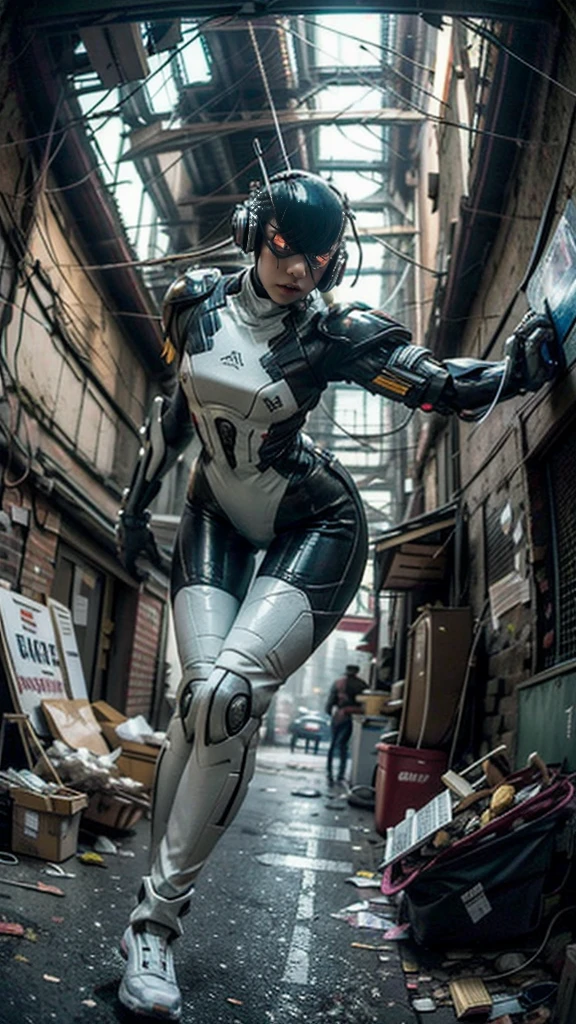((best quality)), ((masterpiece)), ((realistic)), (detailed), (photo-realistic:1.5), futuristic girl, (thick body), (white bodysuit), lights on armor, cybernetic headset, looking at viewer, dynamic pose, post-apocalyptic, destroyed city background, buildings on fire, sci-fi, high resolution, ray tracing, super resolution, subsurface scattering, PBR texturing, anisotropic filtering, depth of field, best sharpness and clarity, rule of thirds, 8K RAW, (luminous particles:1.4), (extremely detailed cg, unity 8k wallpaper, 3d, cinematic lighting, lens flare), reflection, sharp focus, cyberpunk art, cyberpunk architecture, moisturized skin, realistic body, (), (girl), (cute face), vivid colors, exciting atmosphere, unique, playful interaction, lively crowd, wind blowing, fantastic, dynamic, (fisheye lens), neon, cyberpunk movie, cyberpunk city, fight, war,