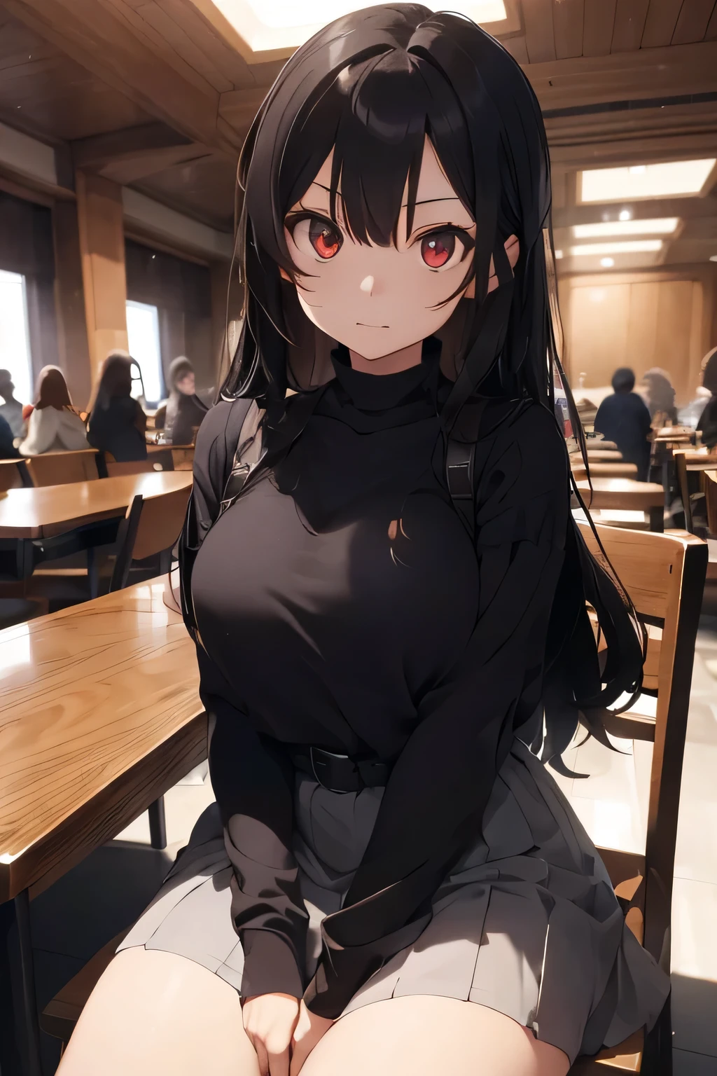 A girl sits on a sotul at a huge table. Eyes look our way. Aggressive look, arrogant. The girl is wearing a dark dress. Banquet hall. dark hair., Red eyes, adult.