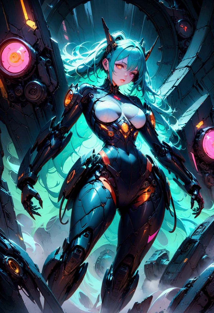 A massive mechanical creature, intricate gears and machinery, glowing neon-like lights, cyberpunk aesthetic, futuristic environment, intricate metallic textures, dynamic pose, cinematic lighting, (4k,8k,highres:1.2), ultra-detailed, machinery, steam punk, industrial, advanced technology, advanced robotics, complex design, dynamic movement, powerful presence, ominous atmosphere, masterpiece, best quality, very aesthetic, absurdres