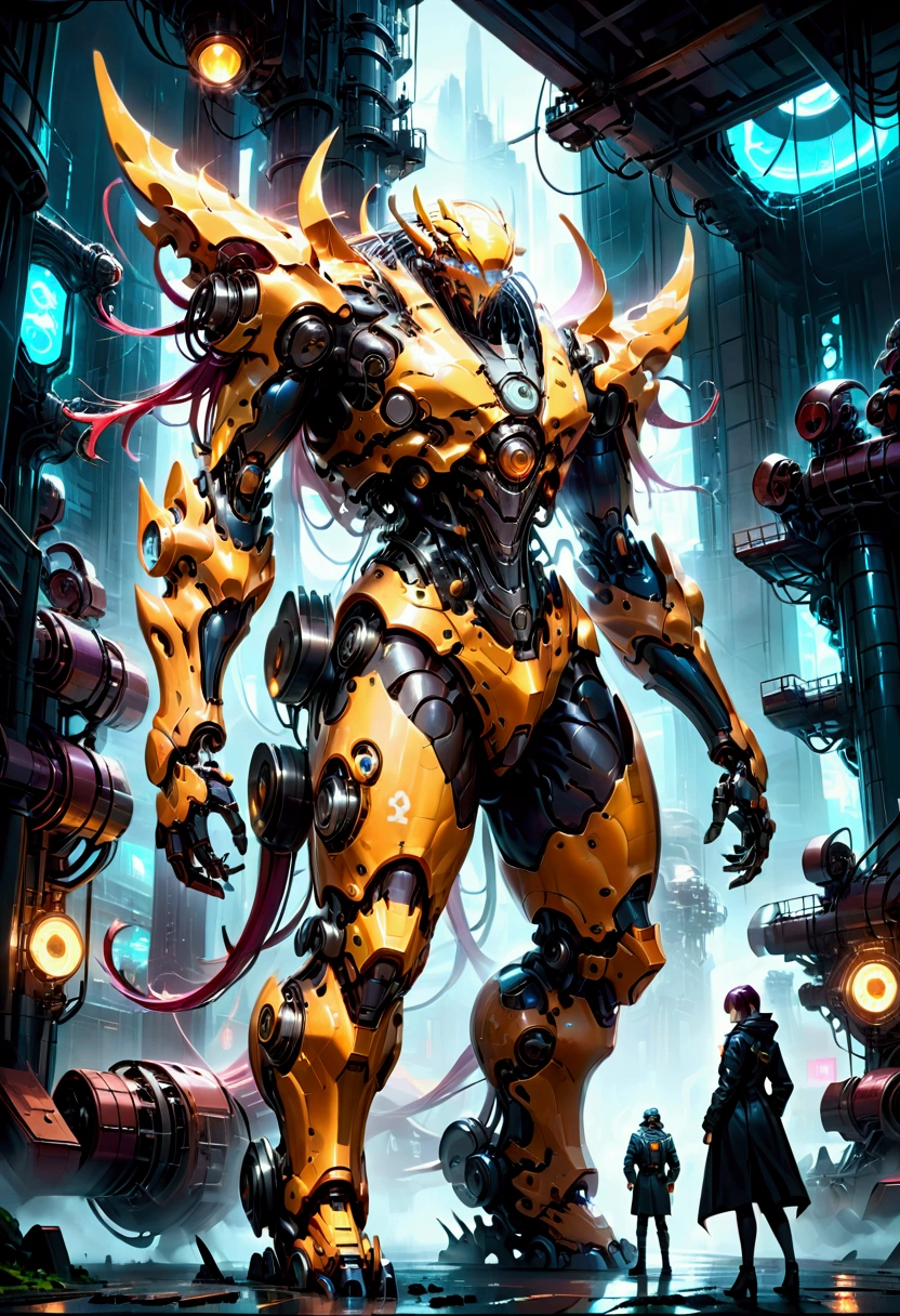 A massive mechanical creature, intricate gears and machinery, glowing neon-like lights, cyberpunk aesthetic, futuristic environment, intricate metallic textures, dynamic pose, cinematic lighting, (4k,8k,highres:1.2), ultra-detailed, machinery, steam punk, industrial, advanced technology, advanced robotics, complex design, dynamic movement, powerful presence, ominous atmosphere, masterpiece, best quality, very aesthetic, absurdres