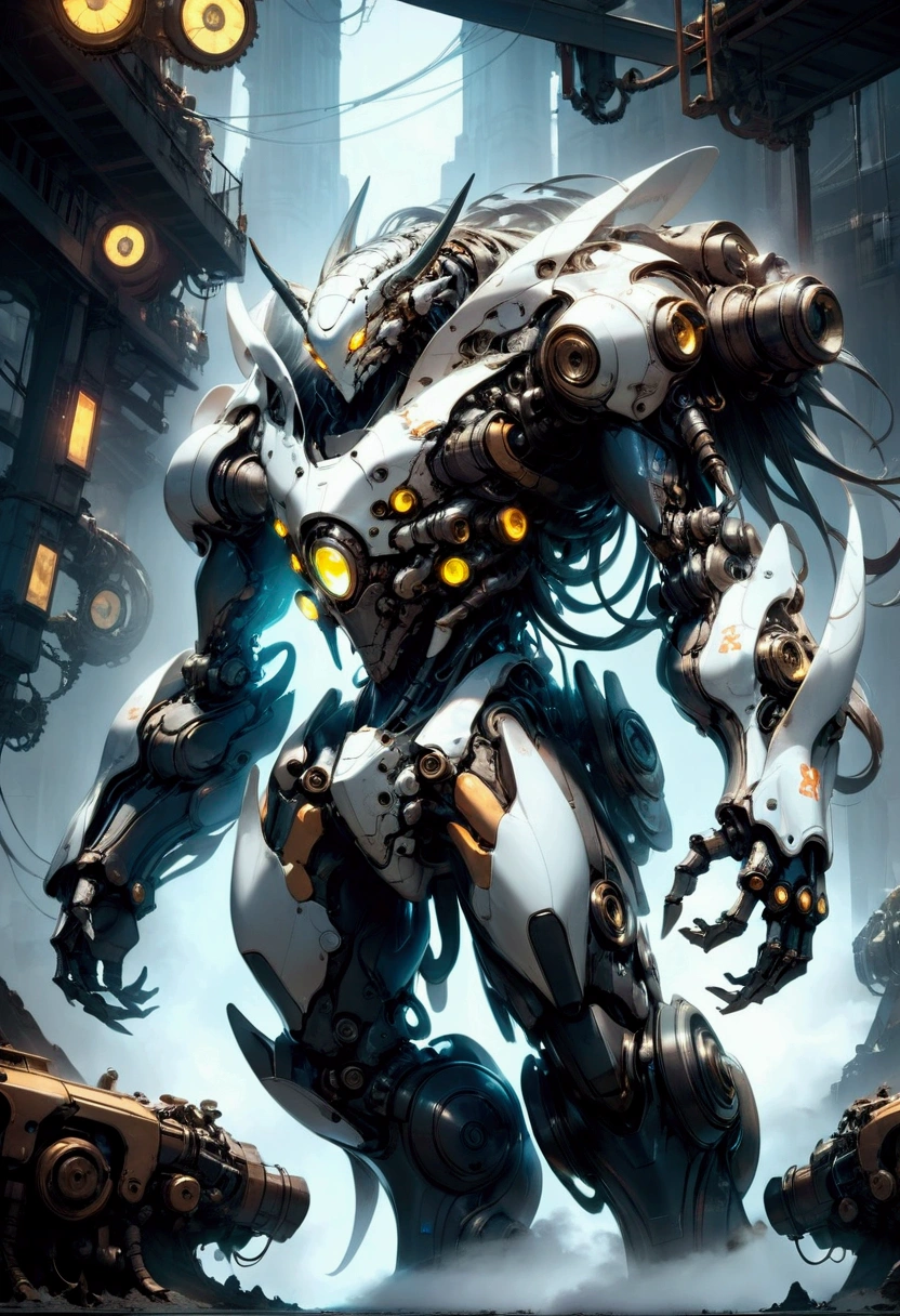 A massive mechanical creature, intricate gears and machinery, glowing neon-like lights, cyberpunk aesthetic, futuristic environment, intricate metallic textures, dynamic pose, cinematic lighting, (4k,8k,highres:1.2), ultra-detailed, machinery, steam punk, industrial, advanced technology, advanced robotics, complex design, dynamic movement, powerful presence, ominous atmosphere, masterpiece, best quality, very aesthetic, absurdres