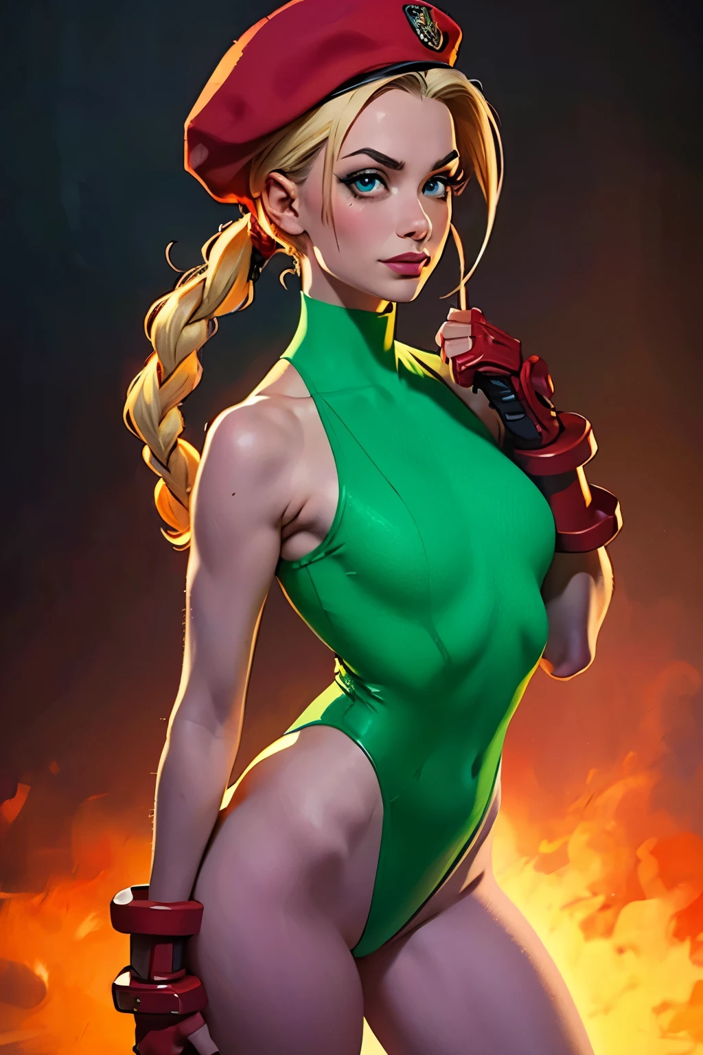 masterpiece, 4k, highly detailed, Cammy de Street fighter, Looking to the camera, blue eyes, platinum blonde hair combed into long pigtails with a small blade of bangs over her forehead, Titis is quite, Cammy, ((a scar on his left cheek)), Beautiful woman dressed as a military man ((Green thong class leotard and the Delta Red triangle insignia on her left chest)), ((military tactical stolera)), (((On his head he wears a red military beret))), Black combat boots and red gauntlets, (his legs are sparsely decorated with green camouflage paint), Clear half-body image, smiling at the viewer, Extreme amount of details, (Make every pixel count to draw the most beautifully detailed art you can:1.1), analog style, bright colors, Symmetrical, centered, close up, female, athletic, fit, narrow waist, high, tanned skin, [(colorful explosion psychedelic paint colors:1.1)::0.125], realist body proportions, realist, photo-realist, 8k, highly detailed, Led light, laser lights,fruit flavored, (thepit bimbo:0.5), Glossy,Anatomically correct, Symmetricalal anatomy