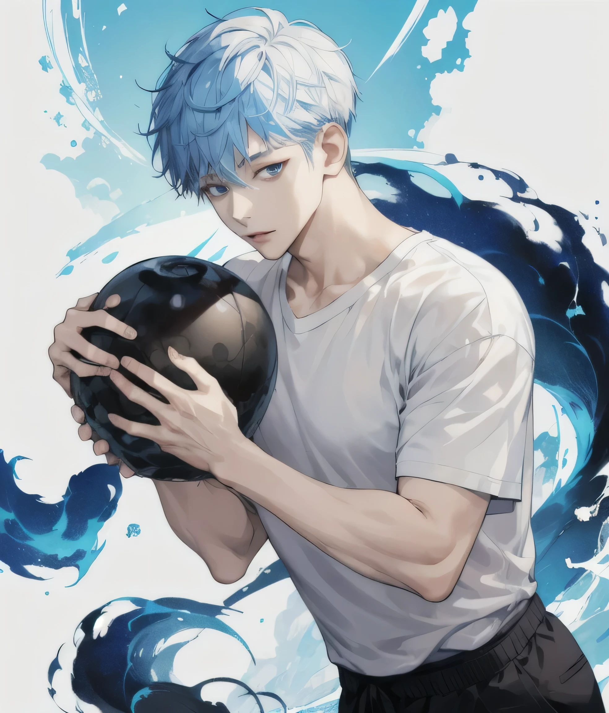 jujutsu kaisen、초소、 ((최고의 품질)), ((걸작)), (상세한), 완벽한 얼굴, Hair color mixed with white and baby blue, young man in his late 20s, blue eyes, short hair, semi-curly hair, slightly long bangs, idol look, actor look, model look, Japanese animation drawing, illustration drawing, handsome face, raised eyebrows , good impression, expressionless expression, Korean webtoon drawing style, casual clothing style, Korean idol hair, T-shirt, knit shirt, ass perm, Korean idol hairstyle, short back hair, Asian, Irish human, mixed race, one character, alone, alone, only one person in image,