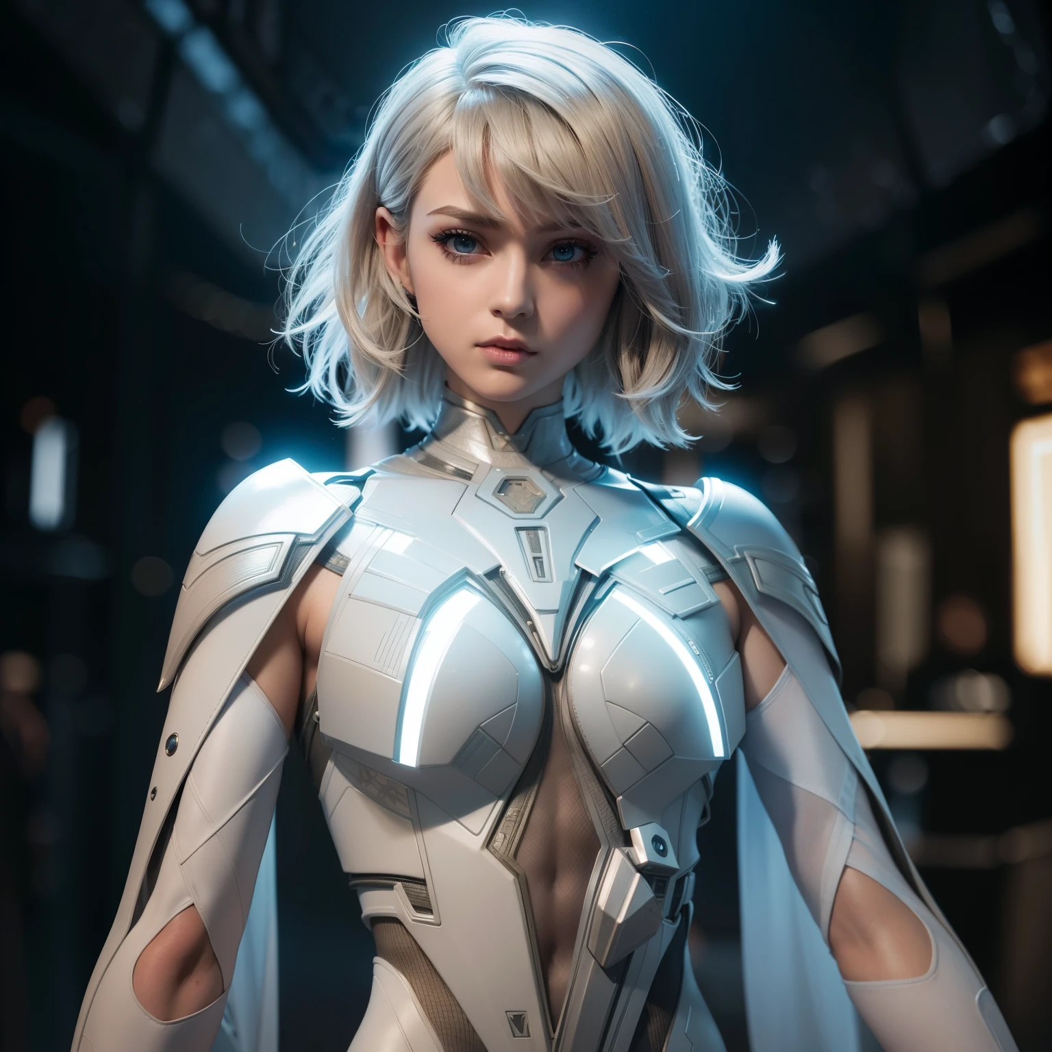 Waist up ((Extremely detailed asymmetric realistic masterpiece)) hyperrealistic masterpiece, Superhero very beauty girl ((in futuristic aesthetic style & pixie bob cut hair)) in extremely detailed tech plugsuit, cinematic illumination: 8k, glowing, concept art, smooth, sharp focus, illustration