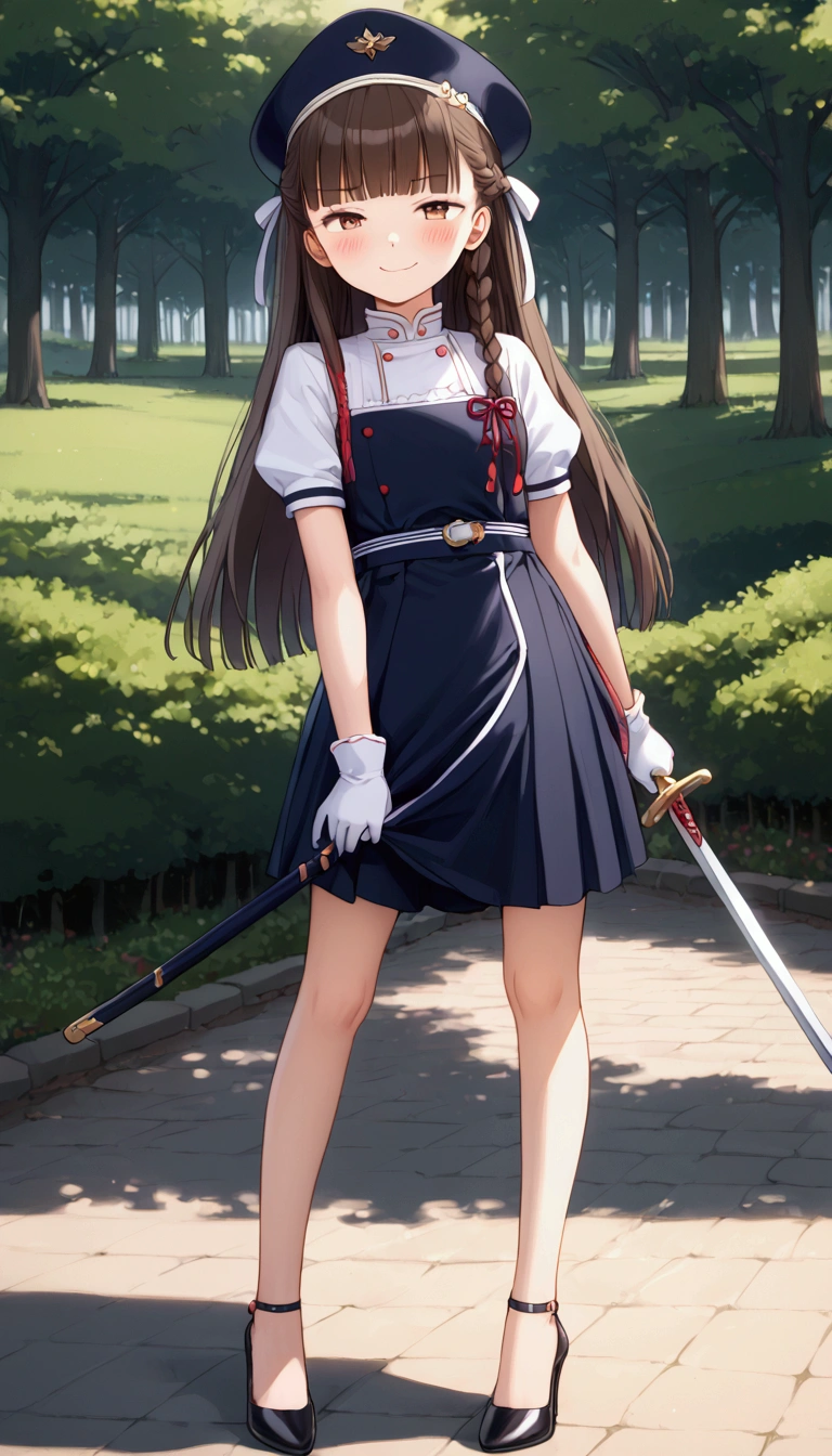 {Highest quality}, {Super beautiful},{Ultra fine},{Best illustration},Brown Hair,Hime cut,long hair,Braid,One woman,Standing Woman,Strike a pose,smug face,Uniform cap,White Shirt,Short sleeve,Long black skirt,White gloves,at the park,Blushing,Slender,Black stiletto heels,barefoot,from the front,Holding a Japanese sword,pull out

