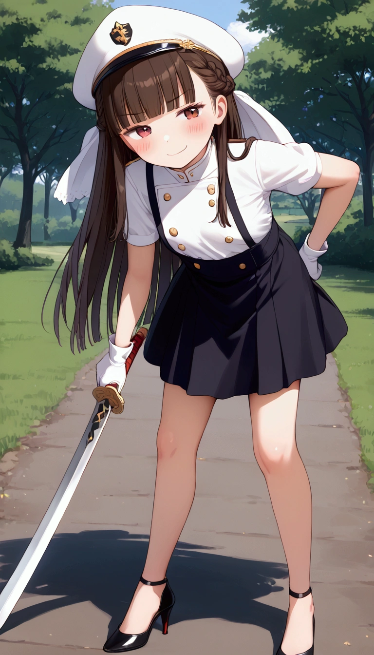 {Highest quality}, {Super beautiful},{Ultra fine},{Best illustration},Brown Hair,Hime cut,long hair,Braid,One woman,Standing Woman,Strike a pose,smug face,Uniform cap,White Shirt,Short sleeve,Long black skirt,White gloves,at the park,Blushing,Slender,Black stiletto heels,barefoot,from the front,Holding a Japanese sword,pull out
