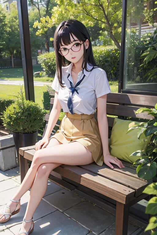 Highest quality、masterpiece、High sensitivity、High resolution、Detailed Description、Slender women、Glasses、Summer clothes、Sit down、Cross your legs、