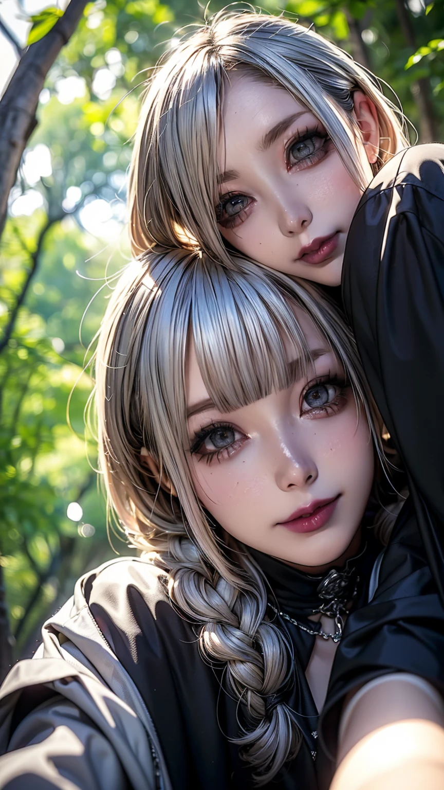 Realistic, masterpiece, Highest quality, Highest Resolution, High Detail, Soft Light, Professional Lighting, Backlight, Film Grain, The background is blurred, Japanese , (The subject was photographed from below, The subject does not look at the camera:1.3), , Upper body photo, Looks sleepy, inattention, Grinning, Open your mouth, Beautiful and detailed eye drawing, (Droopy eyes:1.3), Dark Eyes, Thin eyebrows, Draw eyelashes carefully, Eyelash extensions, Gal Makeup, Orange Cheek, (White brown braids,Short Hair, middle part:1.3), (Hidden eyelid wrinkles:1.3), (Gothic summer , Silver Accessories:1.3), (Summer forest:1.3)