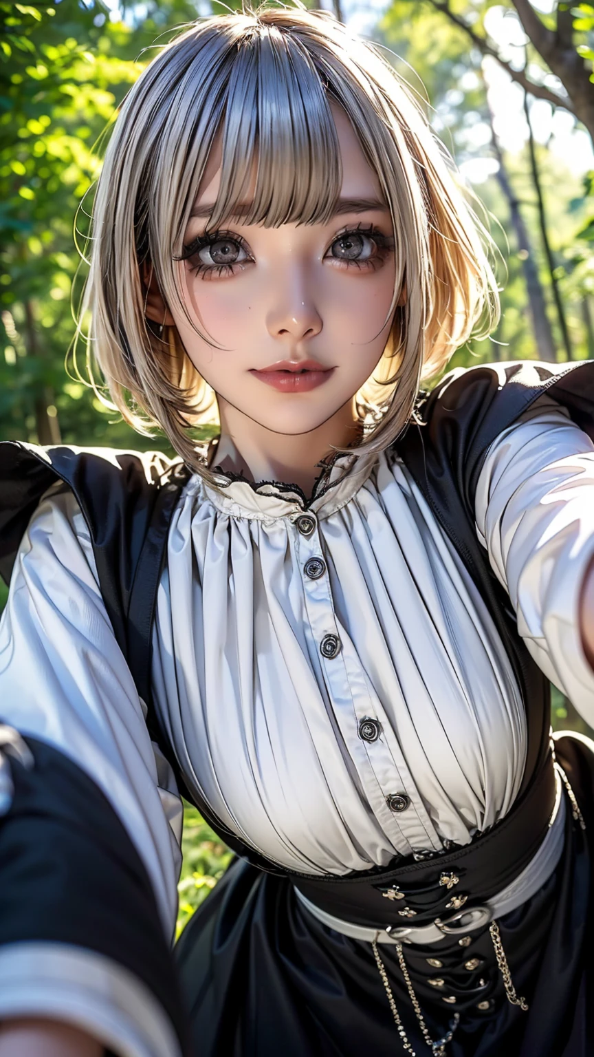 Realistic, masterpiece, Highest quality, Highest Resolution, High Detail, Soft Light, Professional Lighting, Backlight, Film Grain, The background is blurred, Japanese , (The subject was photographed from below, The subject does not look at the camera:1.3), , Upper body photo, Looks sleepy, inattention, Grinning, Open your mouth, Beautiful and detailed eye drawing, (Droopy eyes:1.3), Dark Eyes, Thin eyebrows, Draw eyelashes carefully, Eyelash extensions, Gal Makeup, Orange Cheek,  (White brown braids,Short Hair, middle part:1.3), (Hidden eyelid wrinkles:1.3), (Gothic summer , Silver Accessories:1.3), (Summer forest:1.3)