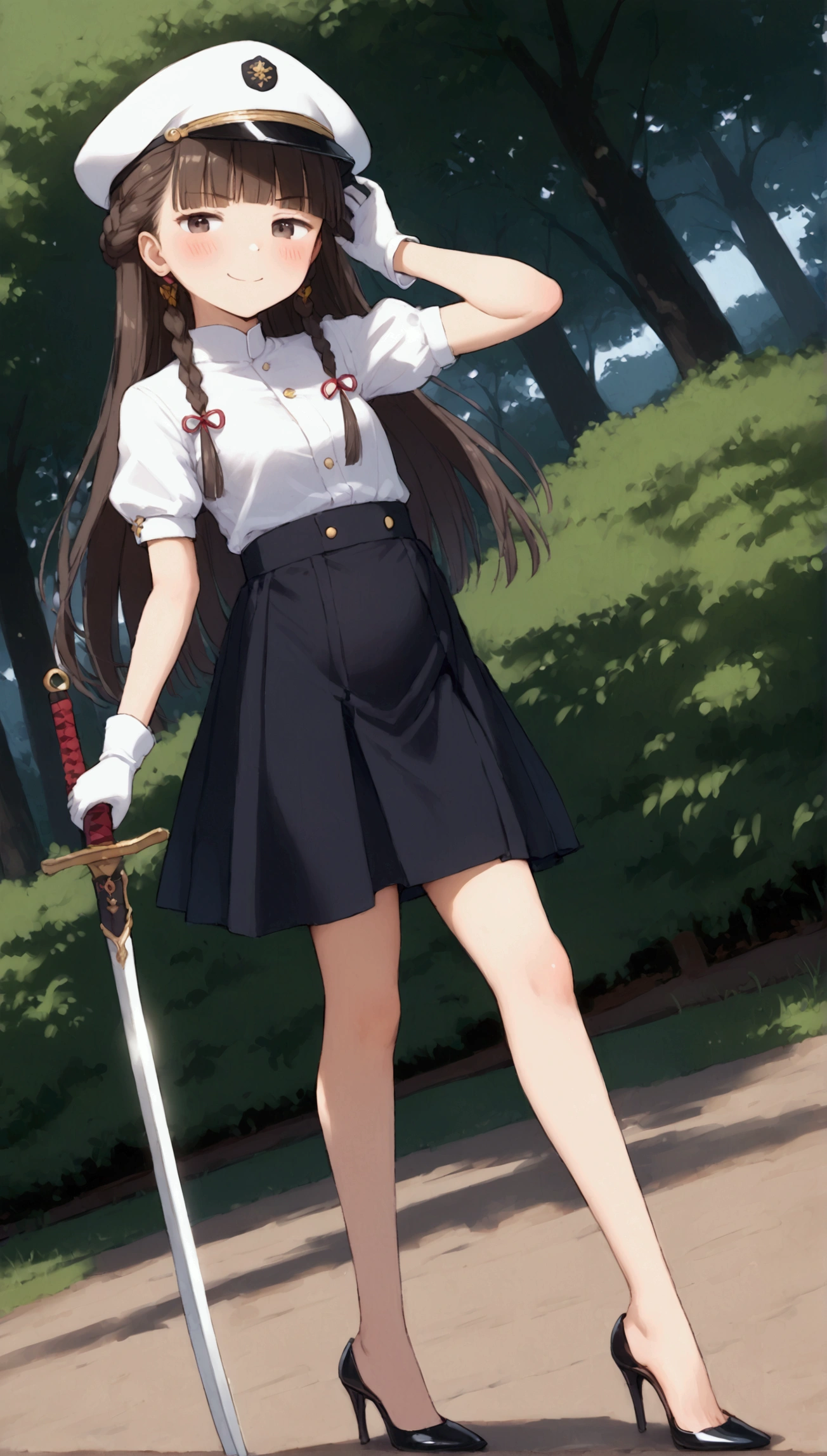 {Highest quality}, {Super beautiful},{Ultra fine},{Best illustration},Brown Hair,Hime cut,long hair,Braid,One woman,Standing Woman,Strike a pose,smug face,Uniform cap,White Shirt,Short sleeve,Long black skirt,White gloves,at the park,Blushing,Slender,Black stiletto heels,barefoot,From an angle,from the front,Holding a Japanese sword,pull out