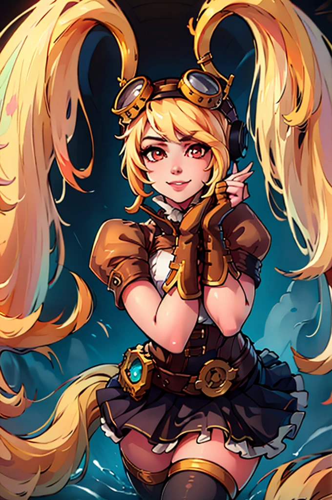 ((masterpiece,best quality)), absurdres, Layla_ML, solo, 1girl, twintails, blonde, blonde hair, long hair, very long hair, red eyes, goggles, goggles on head, gloves, thighhighs, skirt, short sleeves, fingerless gloves, puffy sleeves, brown gloves, puffy short sleeves, solo, smiling, looking at viewer, sitting, looking up, from above