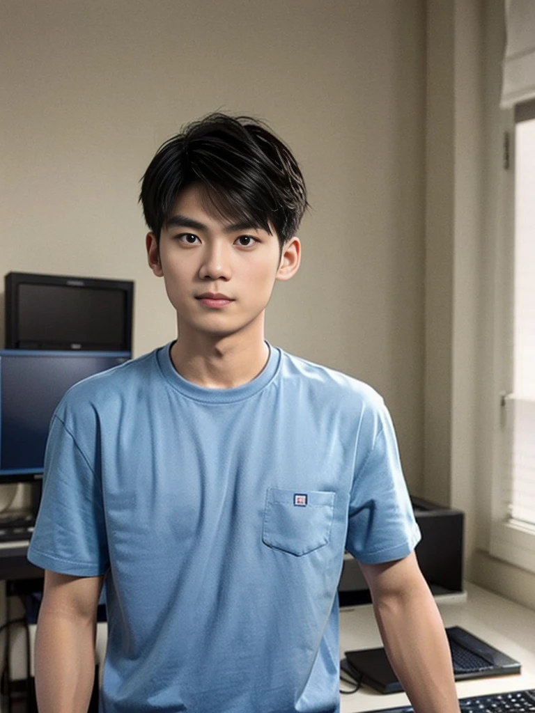 A young Asian man stands, handsome, muscular, looking at the camera. In a simple navy blue T-shirt., In the computer room