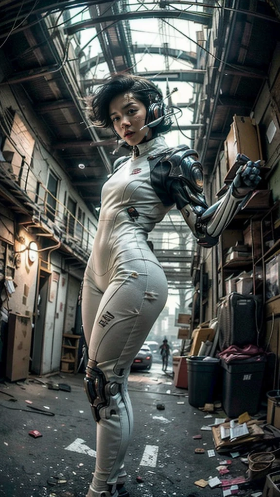((best quality)), ((masterpiece)), ((realistic)), (detailed), (photo-realistic:1.5), futuristic girl, (thick body), (white bodysuit), lights on armor, cybernetic headset, looking at viewer, dynamic pose, post-apocalyptic, destroyed city background, buildings on fire, sci-fi, high resolution, ray tracing, super resolution, subsurface scattering, PBR texturing, anisotropic filtering, depth of field, best sharpness and clarity, rule of thirds, 8K RAW, (luminous particles:1.4), (extremely detailed cg, unity 8k wallpaper, 3d, cinematic lighting, lens flare), reflection, sharp focus, cyberpunk art, cyberpunk architecture, moisturized skin, realistic body, (16 years old), (girl), (cute face), vivid colors, exciting atmosphere, unique, playful interaction, lively crowd, wind blowing, fantastic, dynamic, (fisheye lens), neon, cyberpunk movie, cyberpunk city, fight, war,