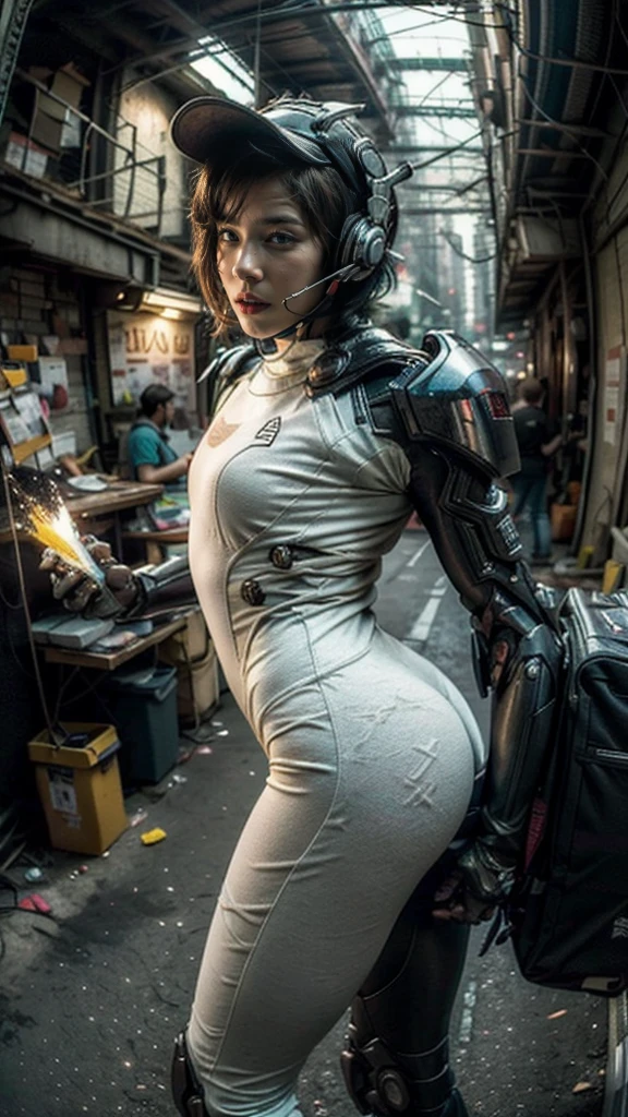 ((best quality)), ((masterpiece)), ((realistic)), (detailed), (photo-realistic:1.5), futuristic girl, (thick body), (white bodysuit), lights on armor, cybernetic headset, looking at viewer, dynamic pose, post-apocalyptic, destroyed city background, buildings on fire, sci-fi, high resolution, ray tracing, super resolution, subsurface scattering, PBR texturing, anisotropic filtering, depth of field, best sharpness and clarity, rule of thirds, 8K RAW, (luminous particles:1.4), (extremely detailed cg, unity 8k wallpaper, 3d, cinematic lighting, lens flare), reflection, sharp focus, cyberpunk art, cyberpunk architecture, moisturized skin, realistic body, (16 years old), (girl), (cute face), vivid colors, exciting atmosphere, unique, playful interaction, lively crowd, wind blowing, fantastic, dynamic, (fisheye lens), neon, cyberpunk movie, cyberpunk city, fight, war,