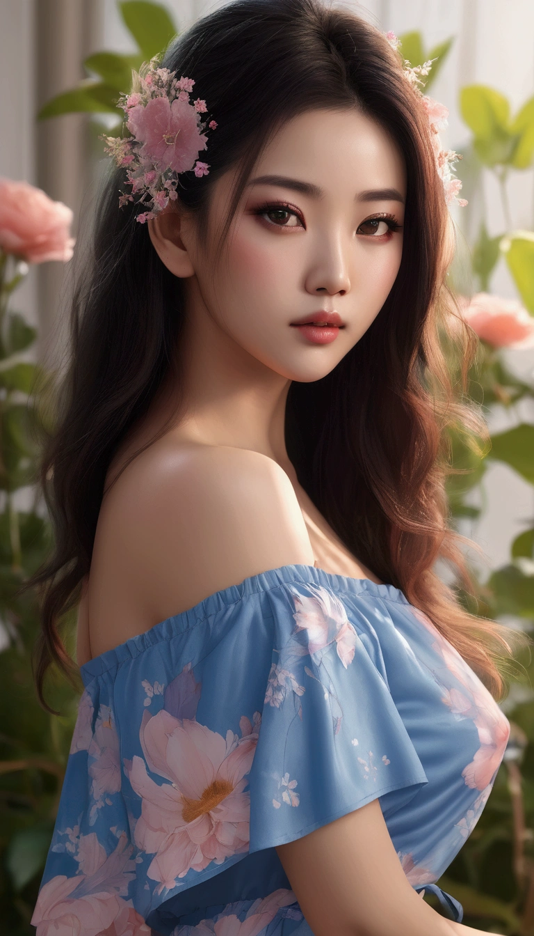 A beautiful asian women, mix4, sexy silk floral blue off shoulder top, shorts,lips, realistic, photo_\(medium\), solo, (masterpiece),(photorealistic:1.3), ultra-detailed, (high detailed skin:1.2),(best quality:1.0), (ultra highres:1.0), (ulzzang-6500:0.3), wavy detailed hair, long hair, sunshine, big breast(beautiful detailed makeup), (sexually aroused blushing heavy breathing:1.0), floral theme flower petals scattered, (soft glow bloom:0.5) painted wall